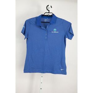 Nike Polo Shirt Womens Large Blue Stripes DriFit The Barclays Plainfield CC Logo